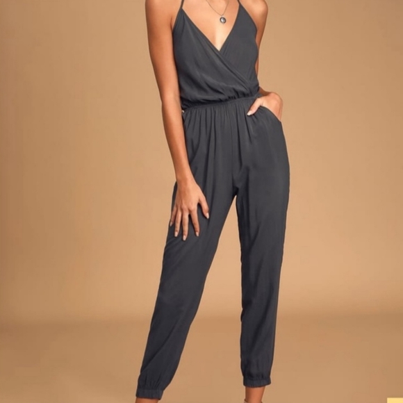 Lulus Pants - NWT Lulu's Grey Open-Back V-Neck Halter Jumpsuit